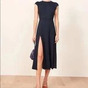Reformation Navy Maxi Dress Open Back Tie‎ Detail Cap Sleeve Dress